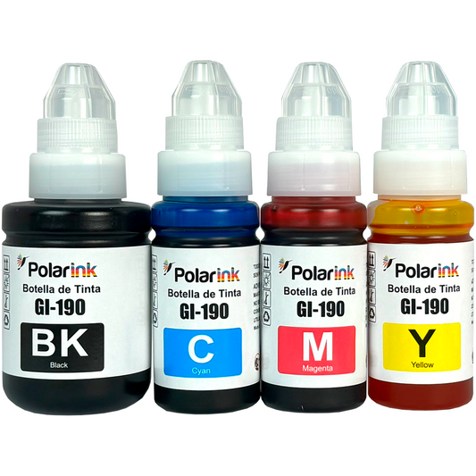 Kit 4 Botellas de Tinta Compatible con Canon Gi190 Tinta Negro / Cyan / Magenta / Amarillo