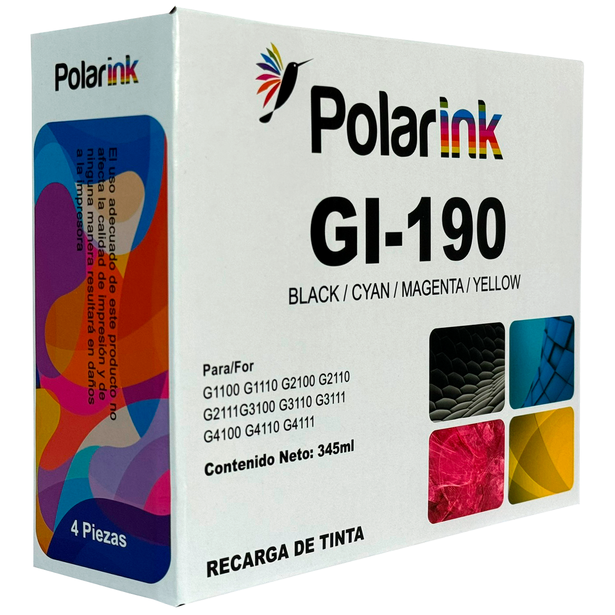 Kit 4 Botellas de Tinta Compatible con Canon Gi190 Tinta Negro / Cyan / Magenta / Amarillo