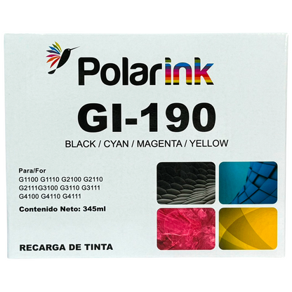 Kit 4 Botellas de Tinta Compatible con Canon Gi190 Tinta Negro / Cyan / Magenta / Amarillo